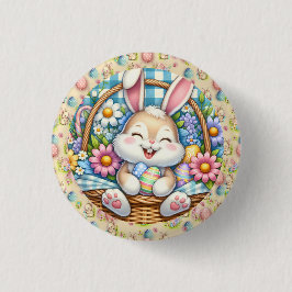 Happy Oaster mit Niedlichem Hasen, Eiern und Blume Button