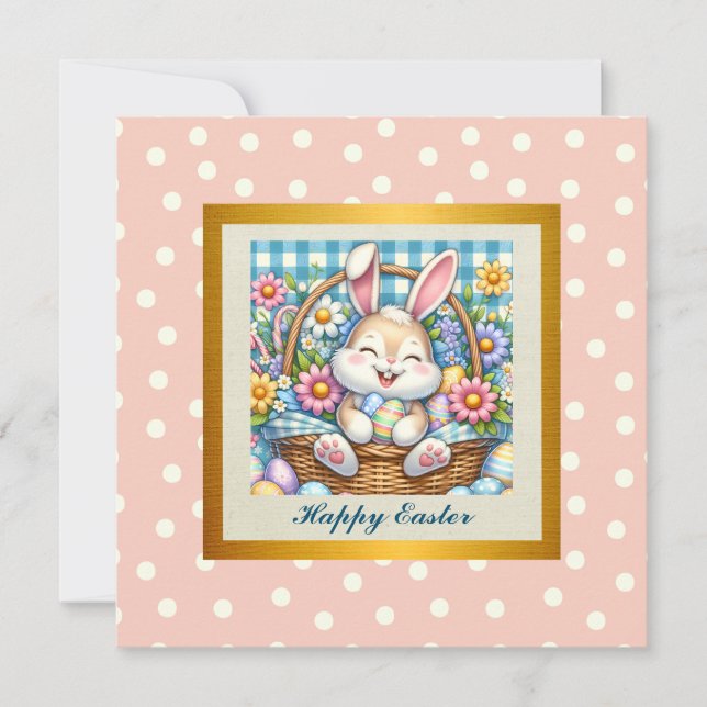 Happy Oaster mit Niedlichem Hasen, Eiern und Blume Einladung (Vorderseite)