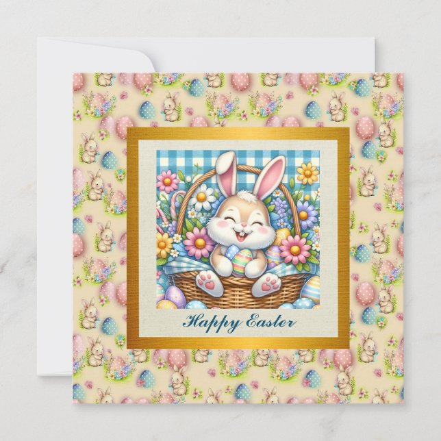 Happy Oaster mit Niedlichem Hasen, Eiern und Blume Einladung (Vorderseite)