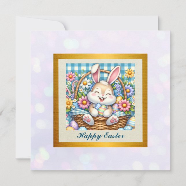 Happy Oaster mit Niedlichem Hasen, Eiern und Blume Einladung (Vorderseite)