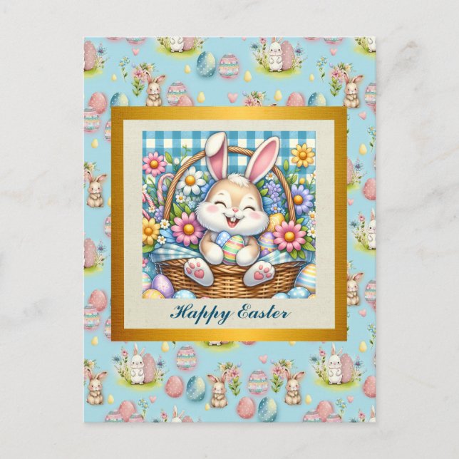 Happy Oaster mit Niedlichem Hasen, Eiern und Blume Postkarte (Vorderseite)