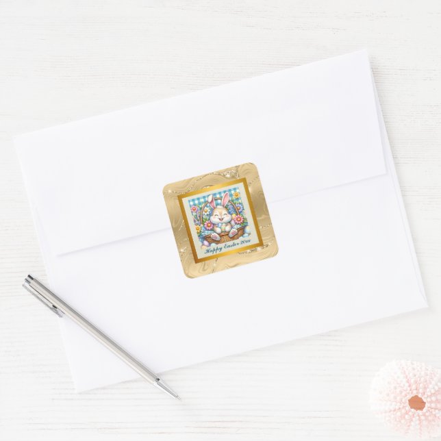 Happy Oaster mit Niedlichem Hasen, Eiern und Blume Quadratischer Aufkleber (Umschlag)