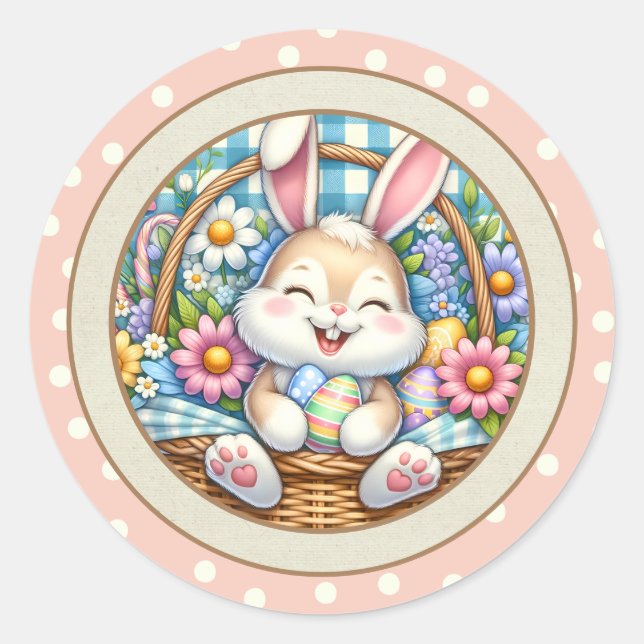 Happy Oaster mit Niedlichem Hasen, Eiern und Blume Runder Aufkleber (Vorderseite)