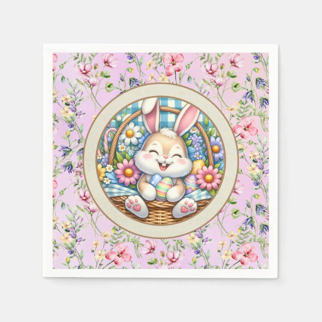Happy Oaster mit Niedlichem Hasen, Eiern und Blume Serviette (Vorderseite)