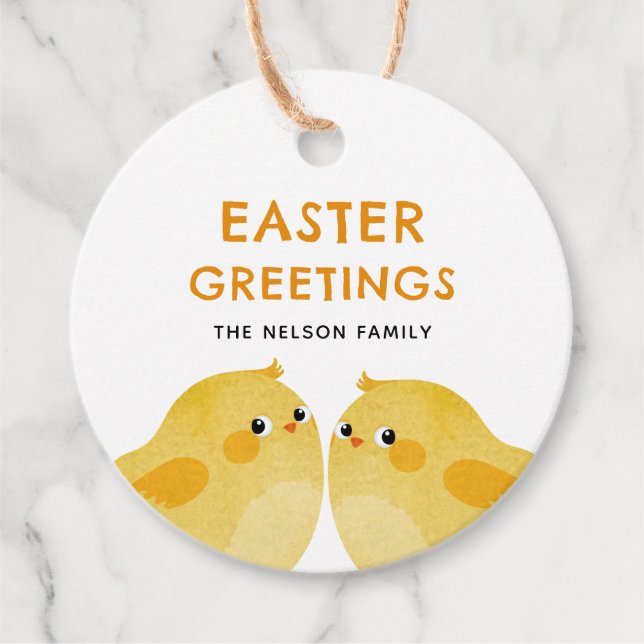 Happy Oaster mit zwei kleinen Hühnern Geschenkanhänger (Vorderseite)