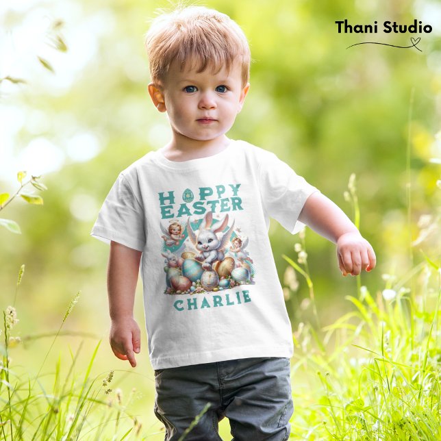 Happy Oaster Niedlich Bunny & Eggs Anpassbarer Nam Baby T-shirt (Von Creator hochgeladen)