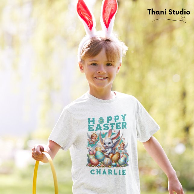 Happy Oaster Niedlich Bunny & Eggs Anpassbarer Nam T-Shirt (Von Creator hochgeladen)