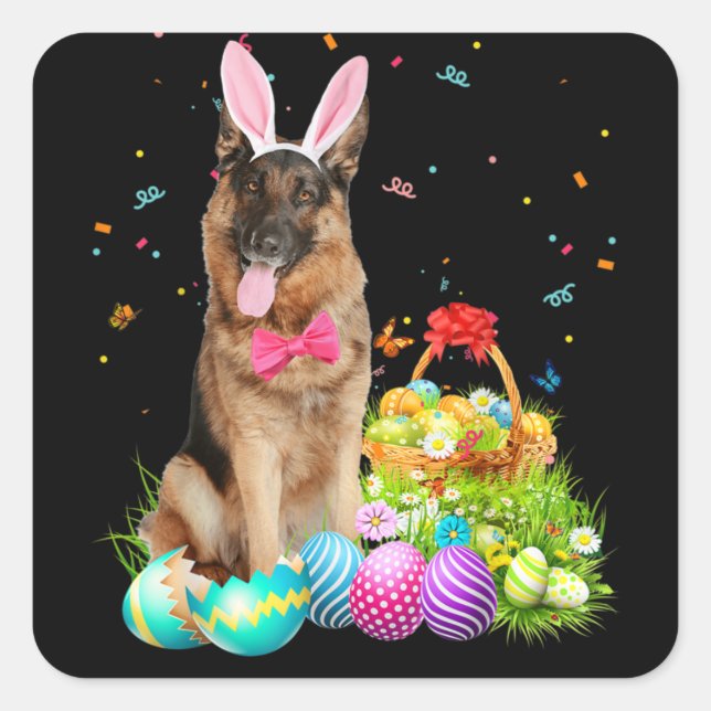 Happy Oaster Niedlich Bunny German Shepherds Eggs Quadratischer Aufkleber (Vorderseite)