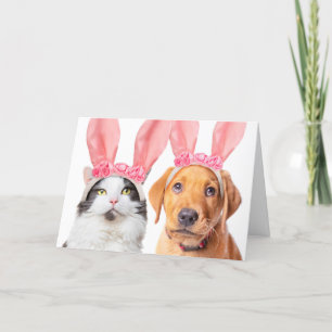 Happy Oaster Niedlich Cat and Puppy in Bunny Ears Feiertagskarte