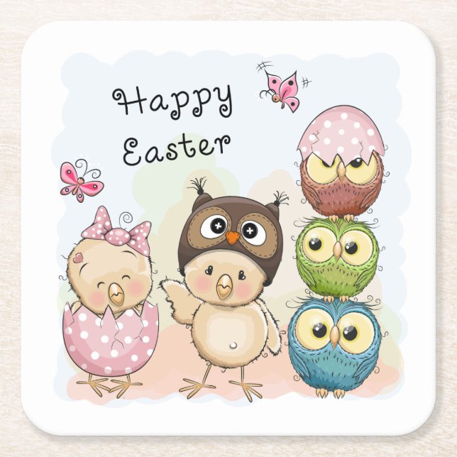 Happy Oaster Niedlich Owl Chicks | Urlaub Rechteckiger Pappuntersetzer (Vorderseite)