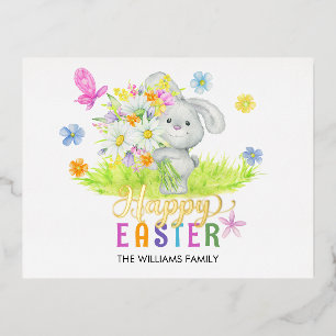 Happy Oaster Niedlich Rabbit Bouquet Frühlingsblum Folien Feiertagspostkarte
