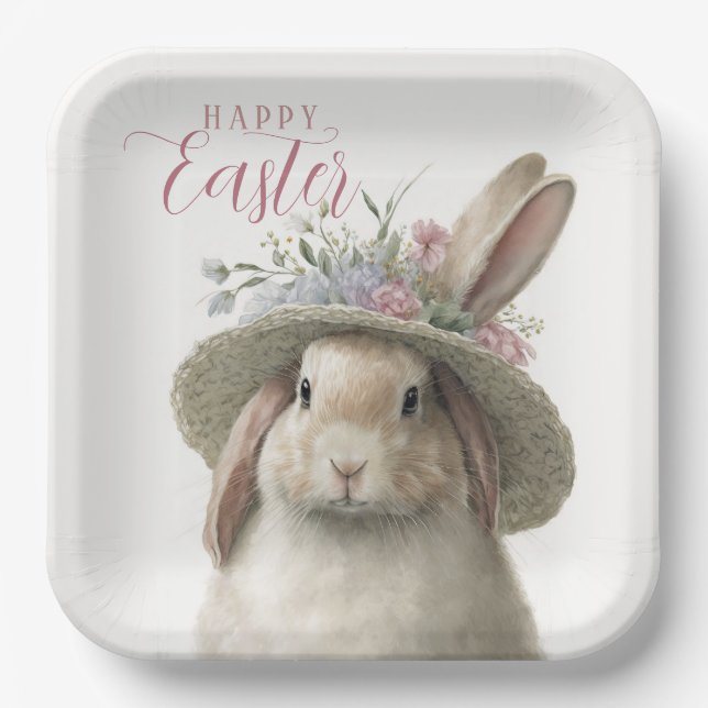 Happy Oaster Niedlich Watercolor Floral Bunny Rabb Pappteller (Vorderseite)