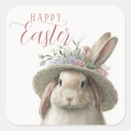 Happy Oaster Niedlich Watercolor Floral Bunny Rabb Quadratischer Aufkleber