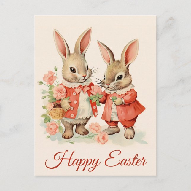 Happy Oaster Niedliches Vintages Kaninchen Postkarte (Vorderseite)