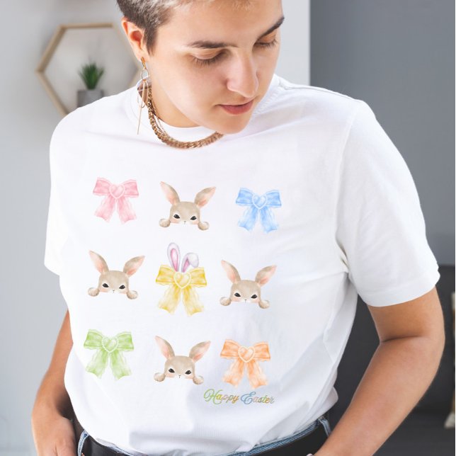 Happy Oaster Pastellfarben Coquette Bow und Bunny T-Shirt (Von Creator hochgeladen)