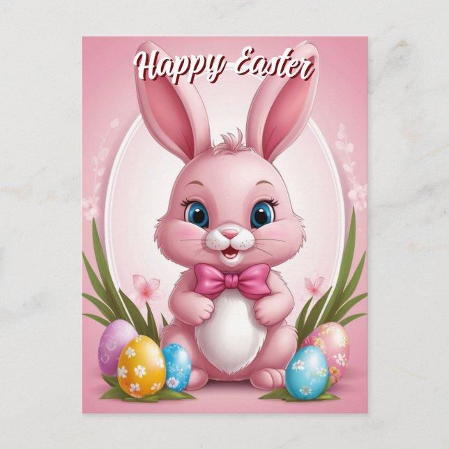 Happy Oaster Pink Bunny Feiertagspostkarte (Vorderseite)