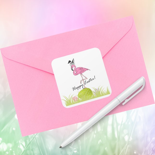 Happy Oaster Pink Flamingo Bunny Ears und Eier Quadratischer Aufkleber (Von Creator hochgeladen)