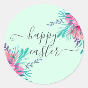 Happy Oaster pink floral Aquarell Minze Skript Runder Aufkleber