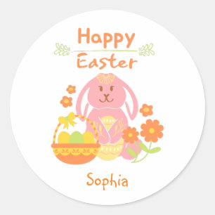 Happy Oaster Pink Rabbit und Blume Classic Roun Runder Aufkleber