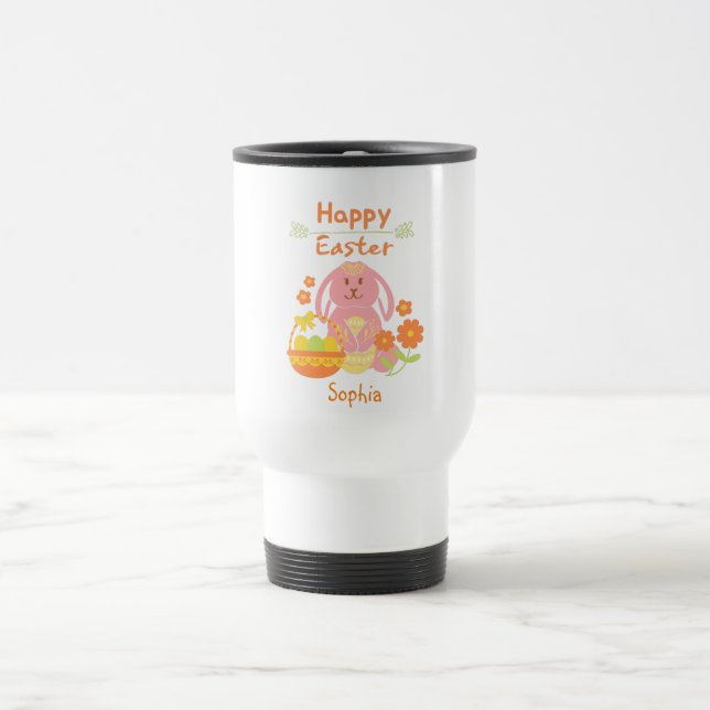 Happy Oaster Pink Rabbit und Blume Reisebecher (Mittel)