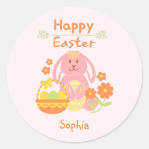 Happy Oaster Pink Rabbit und Blume Runder Aufkleber