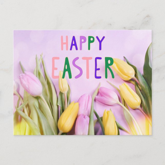 Happy Oaster Pink und Gelb Tulip Blume Postkarte (Vorderseite)