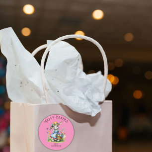 Happy Oaster Pink Vintag Watercolor Bunny Eggs Runder Aufkleber