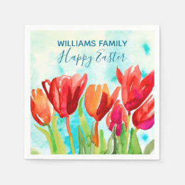 Happy Oaster Red Tulips Custom Paper Napkin Serviette