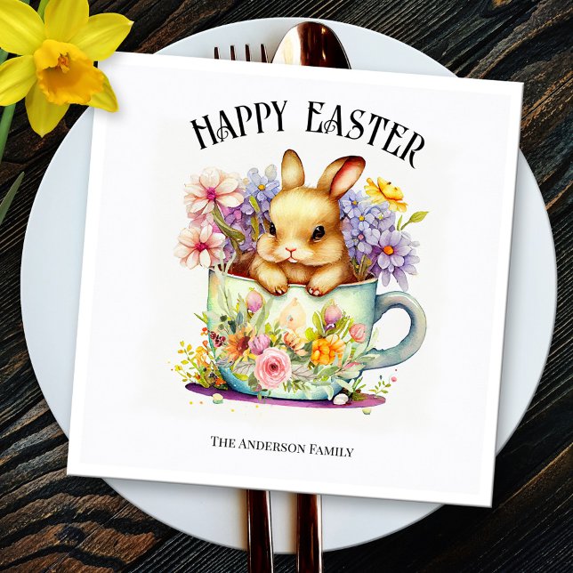 Happy Oaster Retro Wasserfarben Bunny Serviette (Paper napkins featuring a retro watercolor painting of an Easter bunny with flowers)
