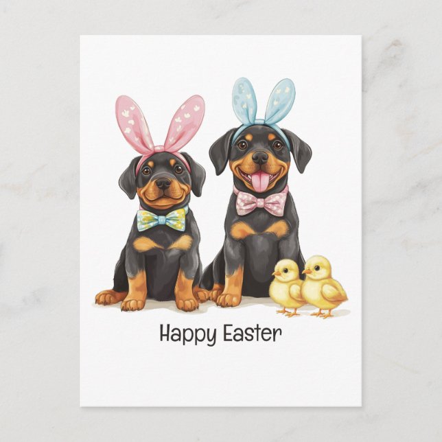 Happy Oaster Rottweiler Hunde Bunny Ears Postkarte (Vorderseite)