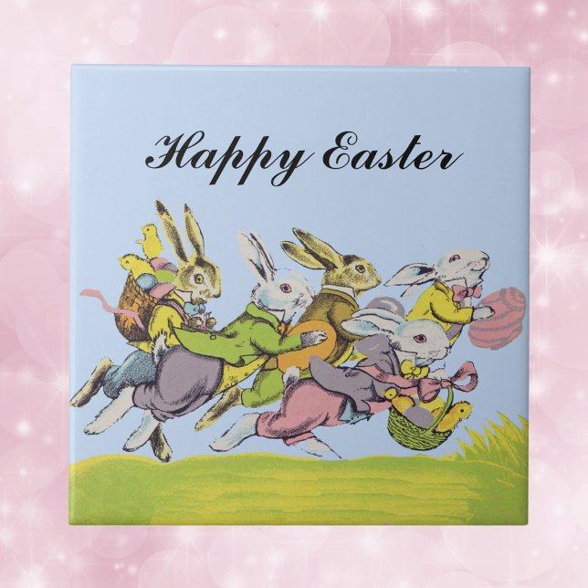 Happy Oaster Running Pastel Rabbits Fliese (Bunch  of bunnies in fancy pastel clothes eggs baskets running on grass on Easter decorative tile.)