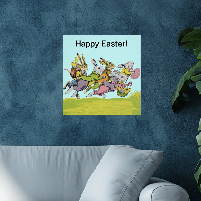 Happy Oaster Running Pastel Rabbits Poster (Group Easter Bunnies running in grass with colourful clothing, eggs, baskets blue sky on Wall poster)