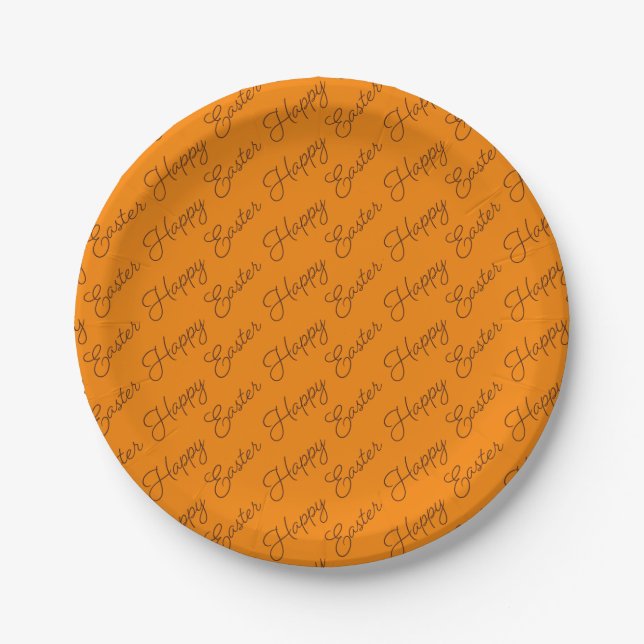 Happy Oaster Script Brown auf Orange Paper Plate Pappteller (Vorderseite)