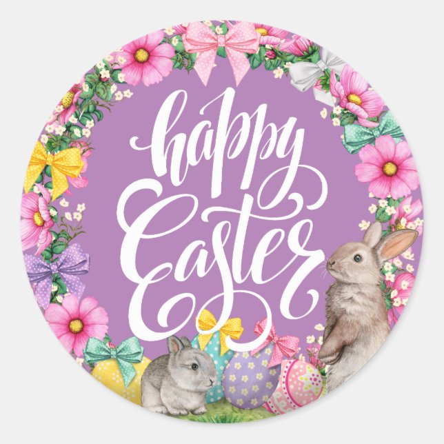 Happy Oaster Script Floral Lavendel Ostersonne Runder Aufkleber (Vorderseite)