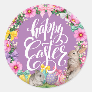 Happy Oaster Script Floral Lavendel Ostersonne Runder Aufkleber