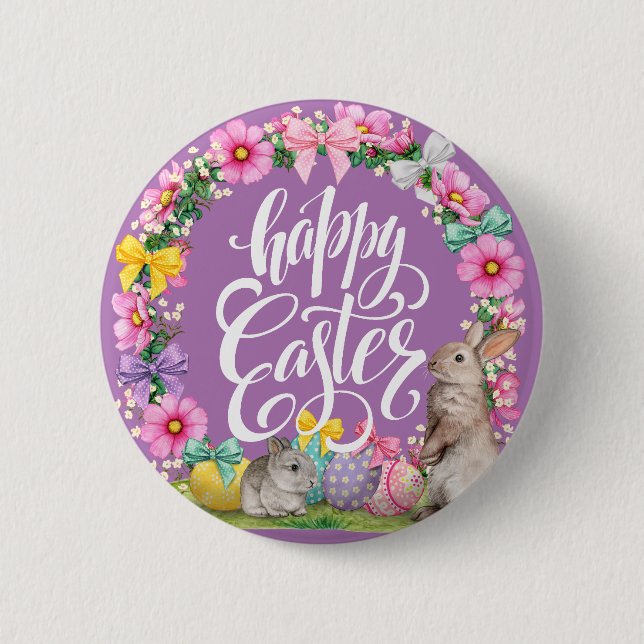 Happy Oaster Script Floral Lavender Ostersonne Button (Vorderseite)