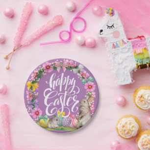 Happy Oaster Script Floral Lavender Ostersonne Pappteller