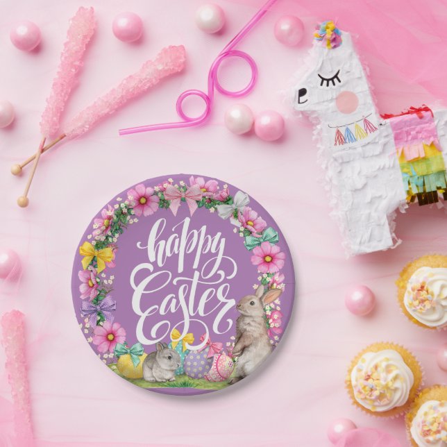Happy Oaster Script Floral Lavender Ostersonne Pappteller (Party)