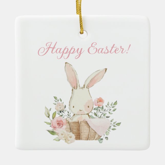 Happy Oaster Script Watercolor Bunny Rabbit Pink Keramikornament (Vorderseite)