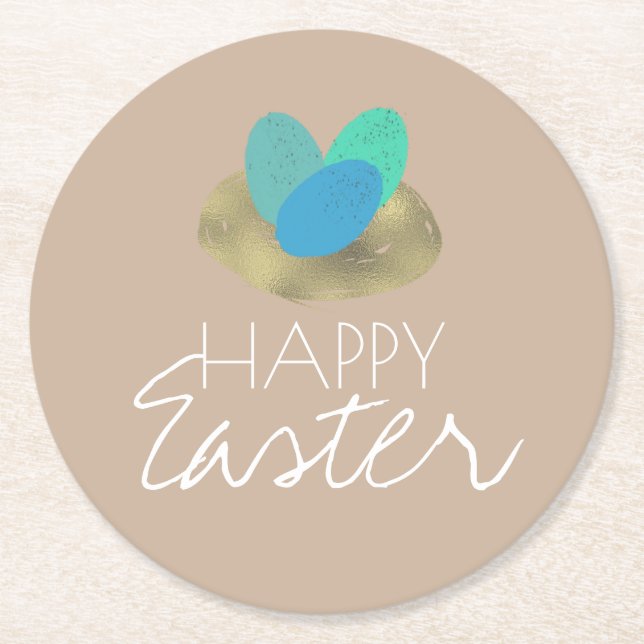 Happy Oaster Speckled Egg Osternest Party Runder Pappuntersetzer (Vorderseite)
