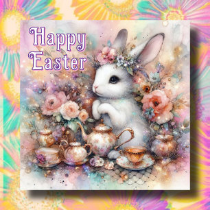 Happy Oaster Tea Time Freude mit floraler Bunny Feiertagskarte