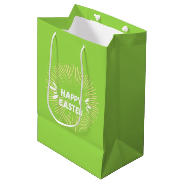 Happy Oaster Text auf grün Mittlere Geschenktüte (Vorderseite Schrägansicht)