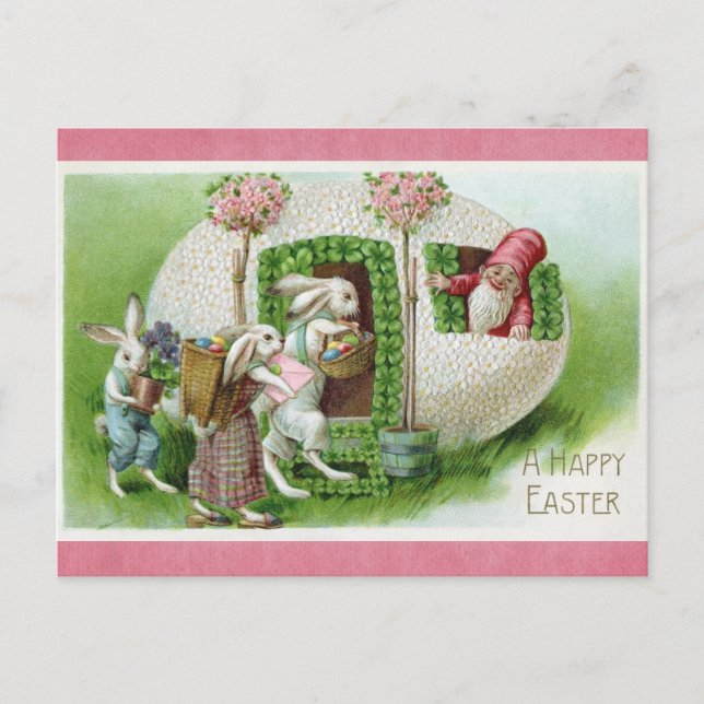 Happy Oaster Vintag Bunny Rabbit Egg Gnome Postkarte (Vorderseite)