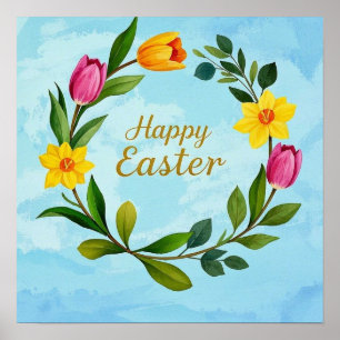 Happy Oaster Watercolor Kranz der Tulpen Poster