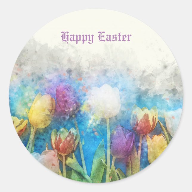 Happy Oaster Watercolor Pastell Tulips Runder Aufkleber (Vorderseite)