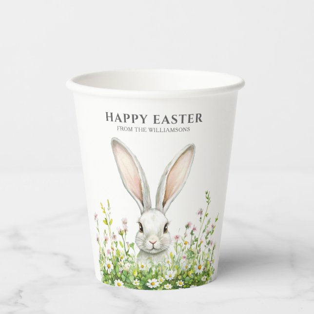 Happy Oaster White Bunny Florals Personalisiert Pappbecher (Vorderseite)