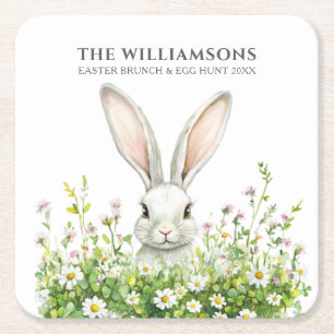 Happy Oaster White Rabbit Florals Personalisiert Rechteckiger Pappuntersetzer