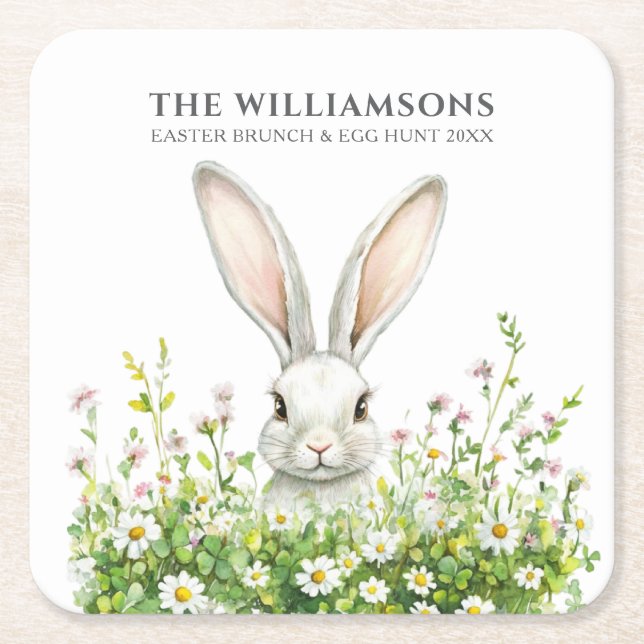 Happy Oaster White Rabbit Florals Personalisiert Rechteckiger Pappuntersetzer (Vorderseite)