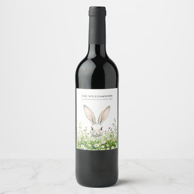 Happy Oaster White Rabbit Florals Personalisiert Weinetikett (Vorderseite)