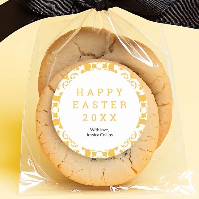 Happy Oaster Yellow Elegante Blumenmuster Custom Runder Aufkleber (Happy Easter Yellow Elegant Floral Pattern Custom Classic Round Sticker)